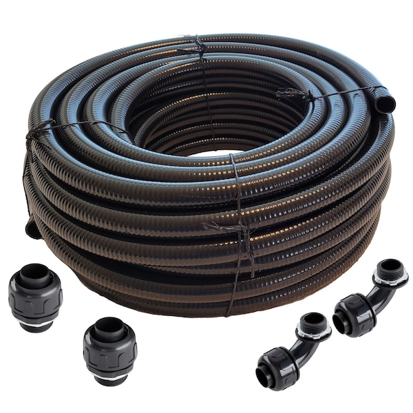 Hydromaxx 3/4 in. x 50 ft Black UL Listed Non-Metallic Flexible Liquid Tight Electrical Conduit with Fittings LT034050FB